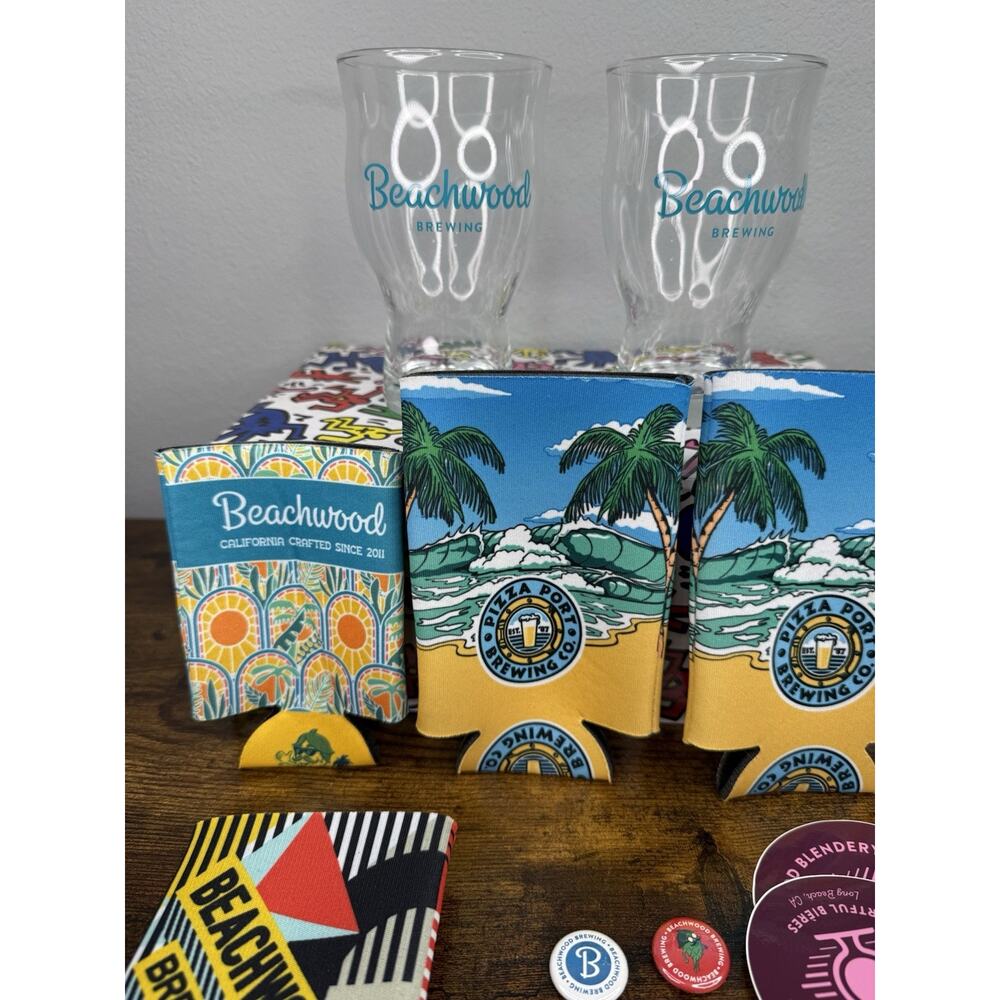 Beachwood Brewing California Series Curvy Beer Glass Set Koozie Stickers USA - Picture 7 of 10